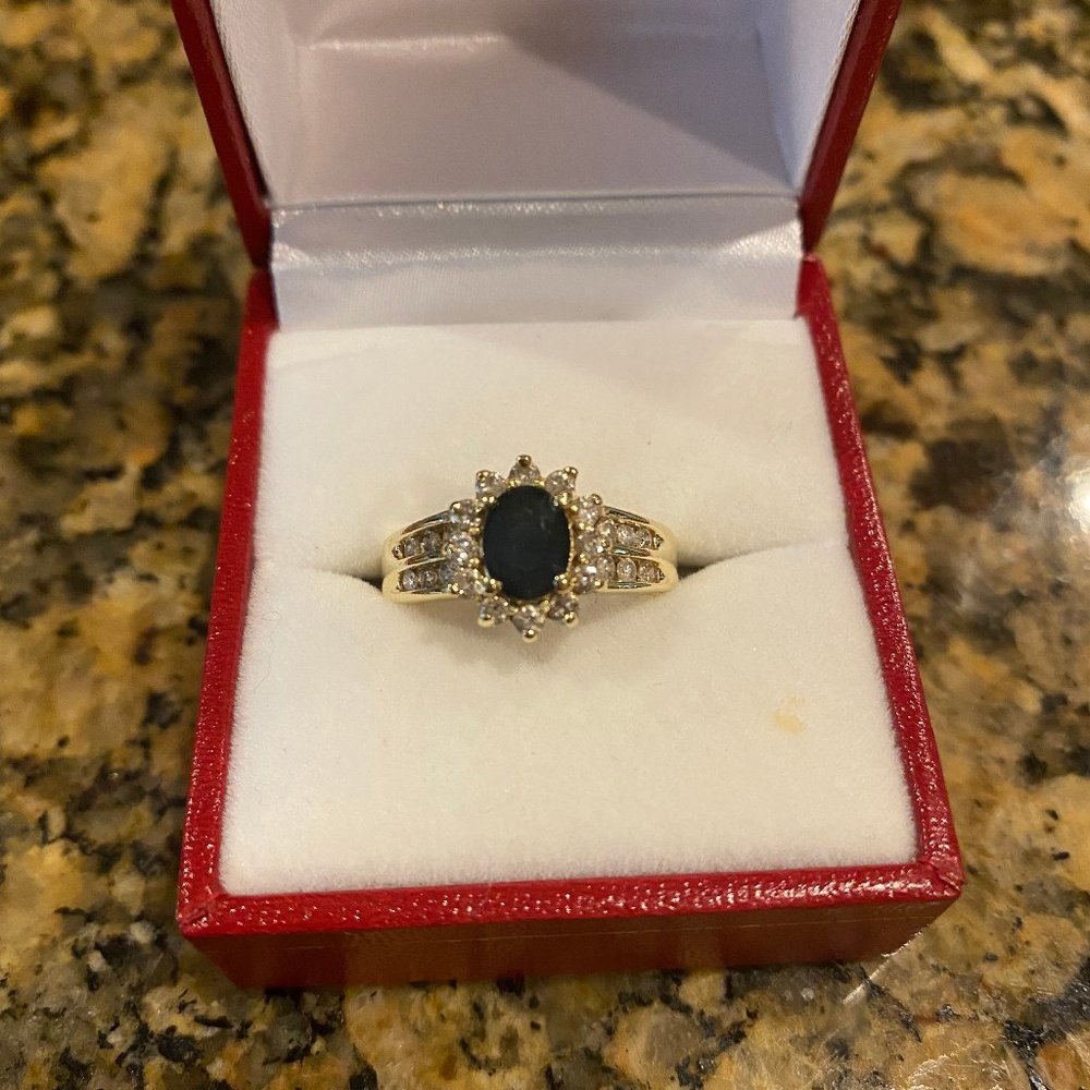 14k Gold Diamond and Sapphire Ring (wide band, size 6.5)